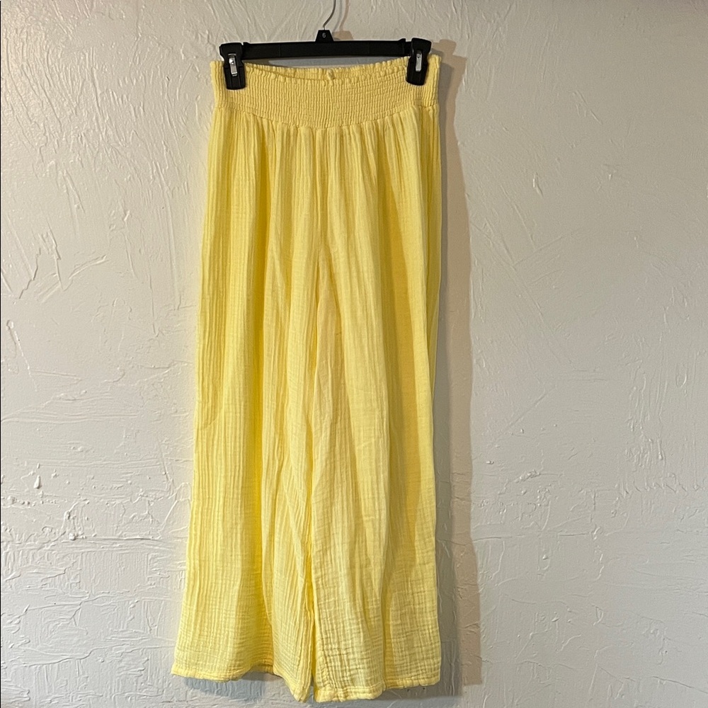 Michael Stars Yellow Wide-Leg Smocked-Waist Capris